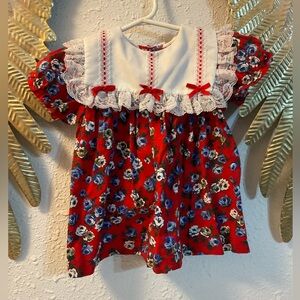 Vintage Girls Lace Collar Red Floral Dress